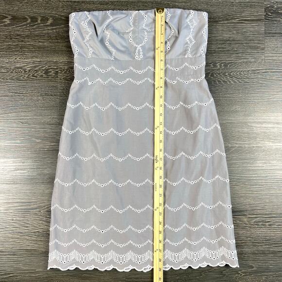 J. Crew Embroidered Gray/White Eyelet Dress Scalloped Strapless 100% Cotton - Picture 7 of 12
